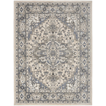Quarry QUA05 Traditional Persian Vintage Distressed Floral Medallion Border Soft Textured Durable Low Profile Short Pile Ivory/Blue/Grey/Beige Rug-Nourison-Rug Love - The Most Loved Rug Store